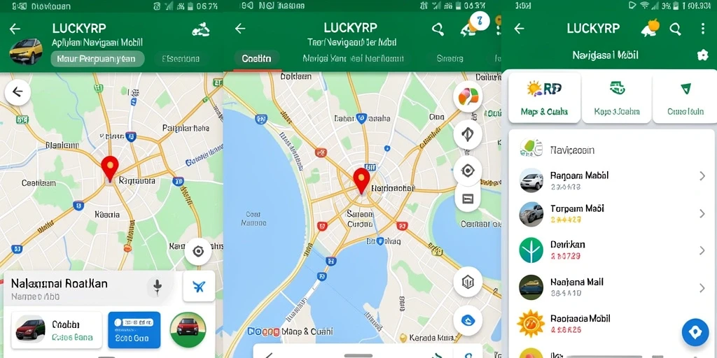 Antarmuka aplikasi LUCKYRP menampilkan fitur navigasi mobil yang intuitif dan informatif.