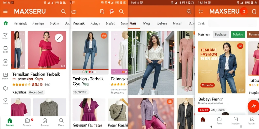 Antarmuka aplikasi MAXSERU yang menampilkan berbagai pilihan fashion.